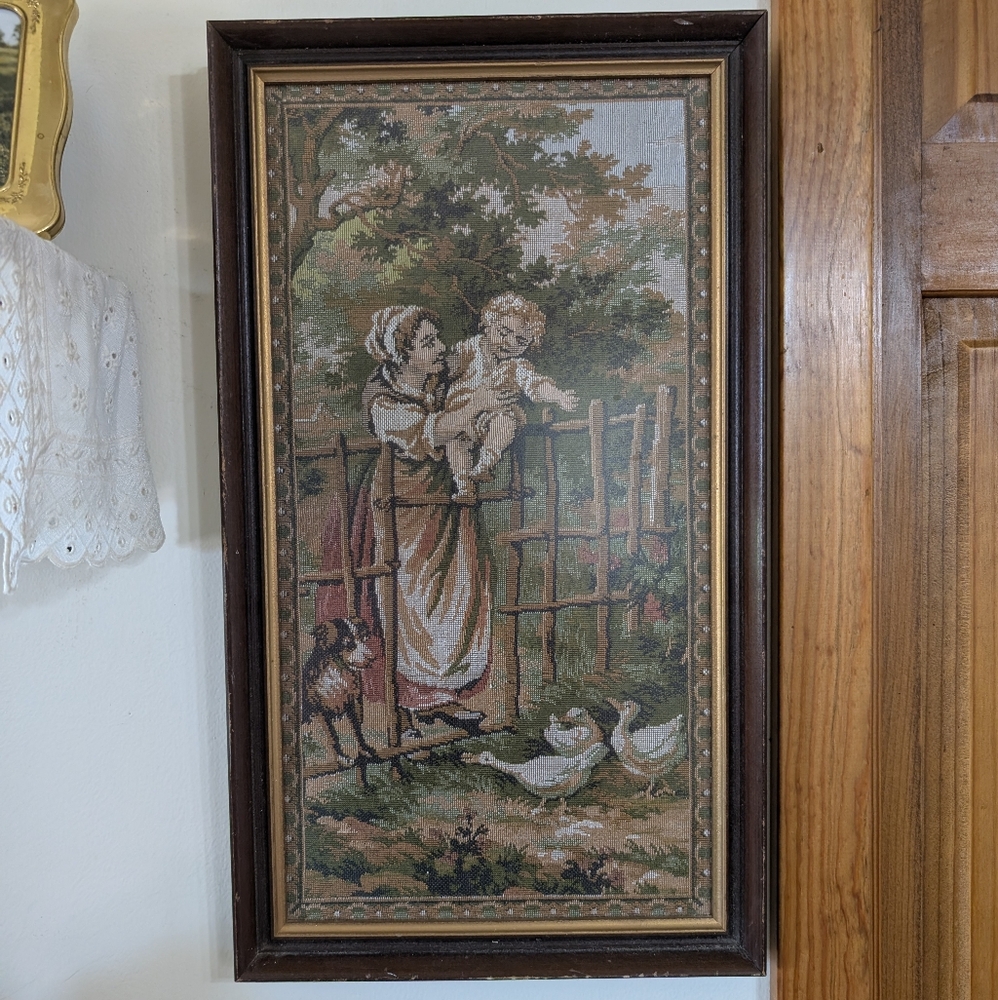 Beautifully Framed Tapestry French Or Victorian Style Antique Vintage Farmhouse